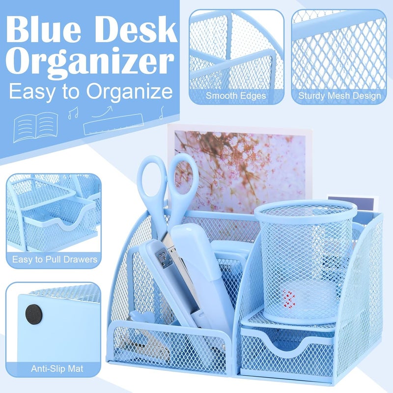 AuraRay 11 in 1 Blue Desk Organizer and Accessories, Blue Desk Accessories Light Blue Office Supplies Include Blue Stapler Blue Tape Dispenser Pen Holder Staple Remover Clips Ruler Scissors Tapes Tabs - Image 3